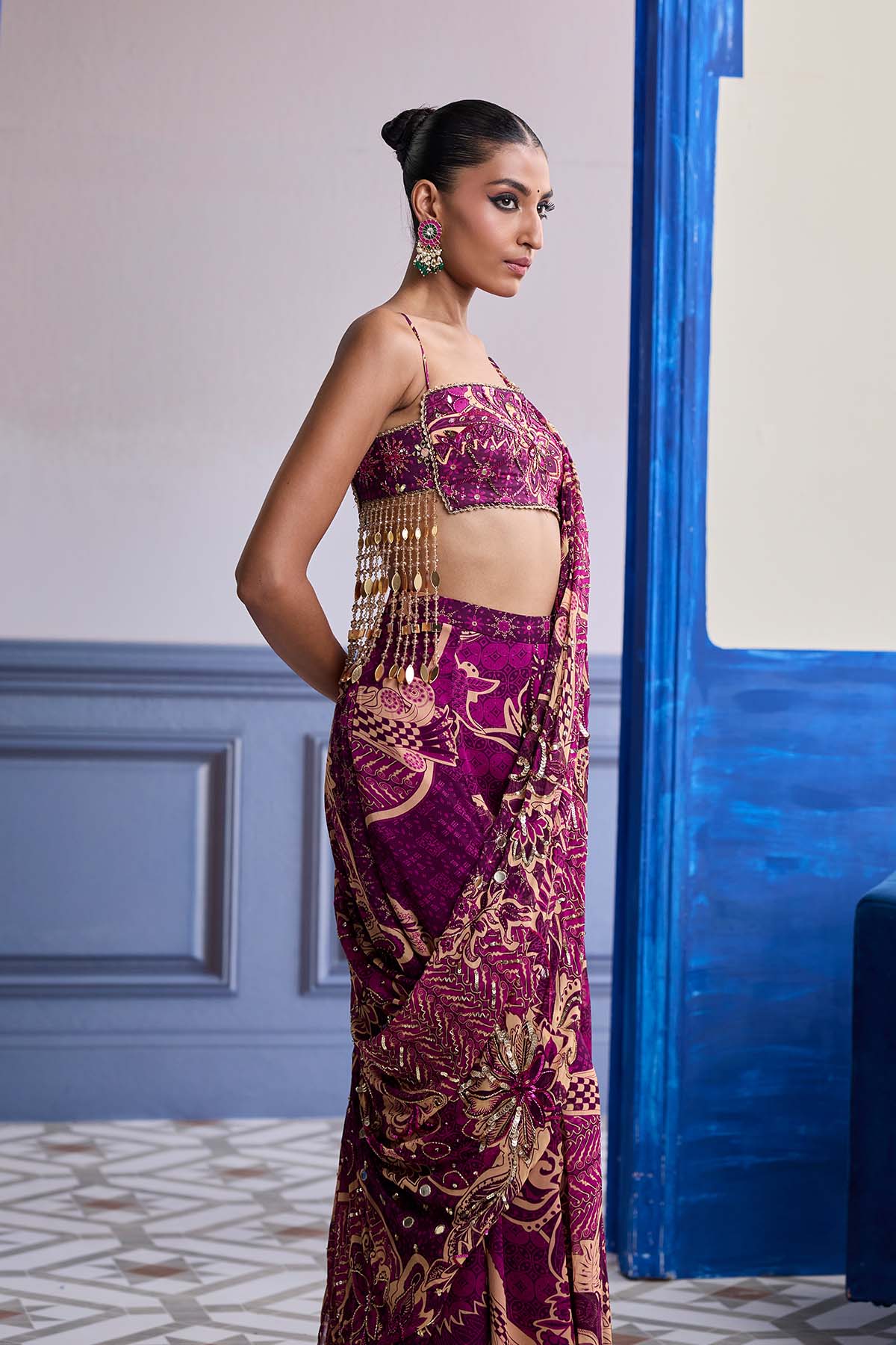 MAGENTA FLORAL TASSEL BLOUSE WITH DRAPE SHARARA SAREE SET