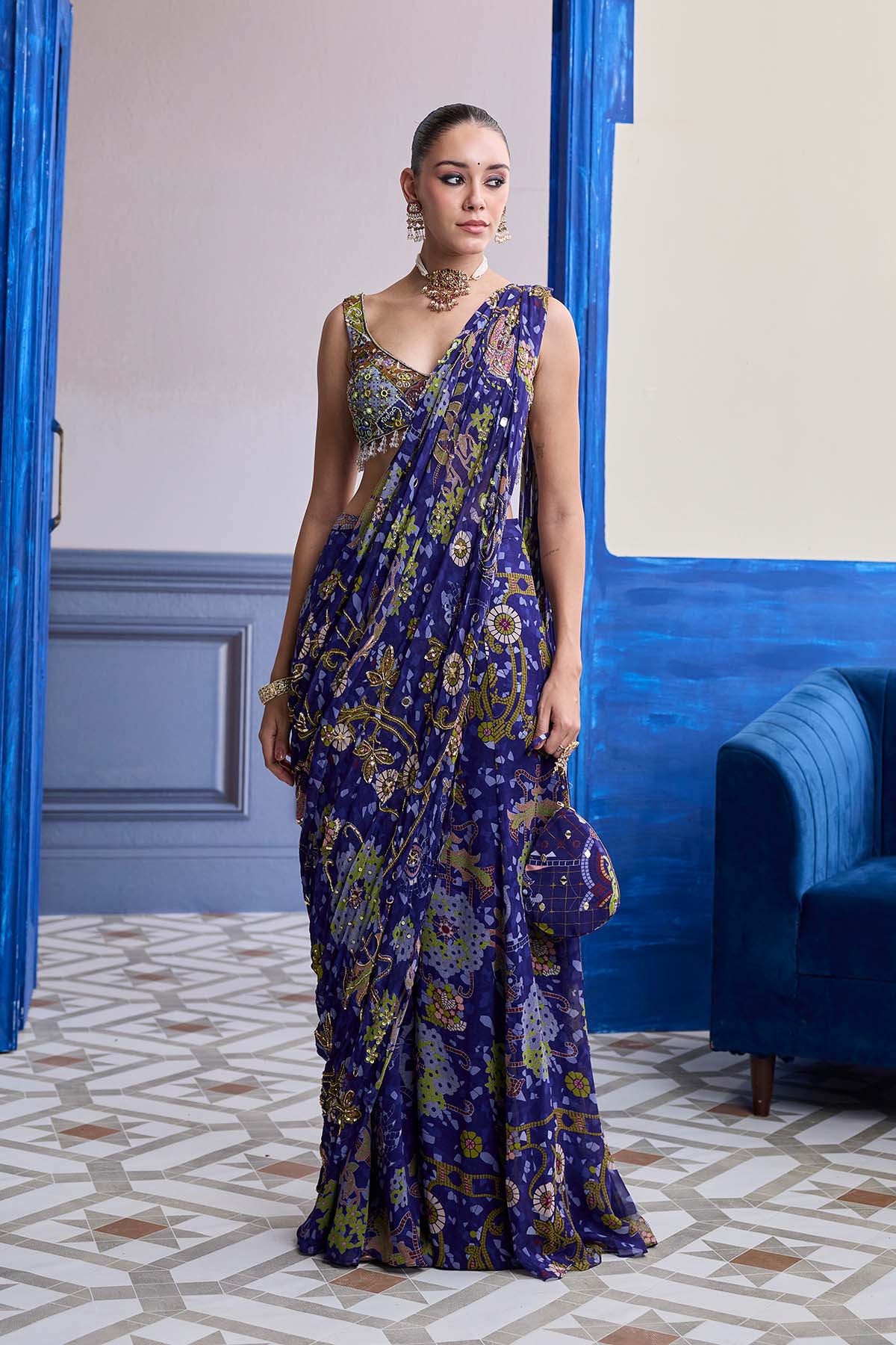 VIOLET MOSAIC BLOUSE WITH DRAPE SHARARA SAREE SET