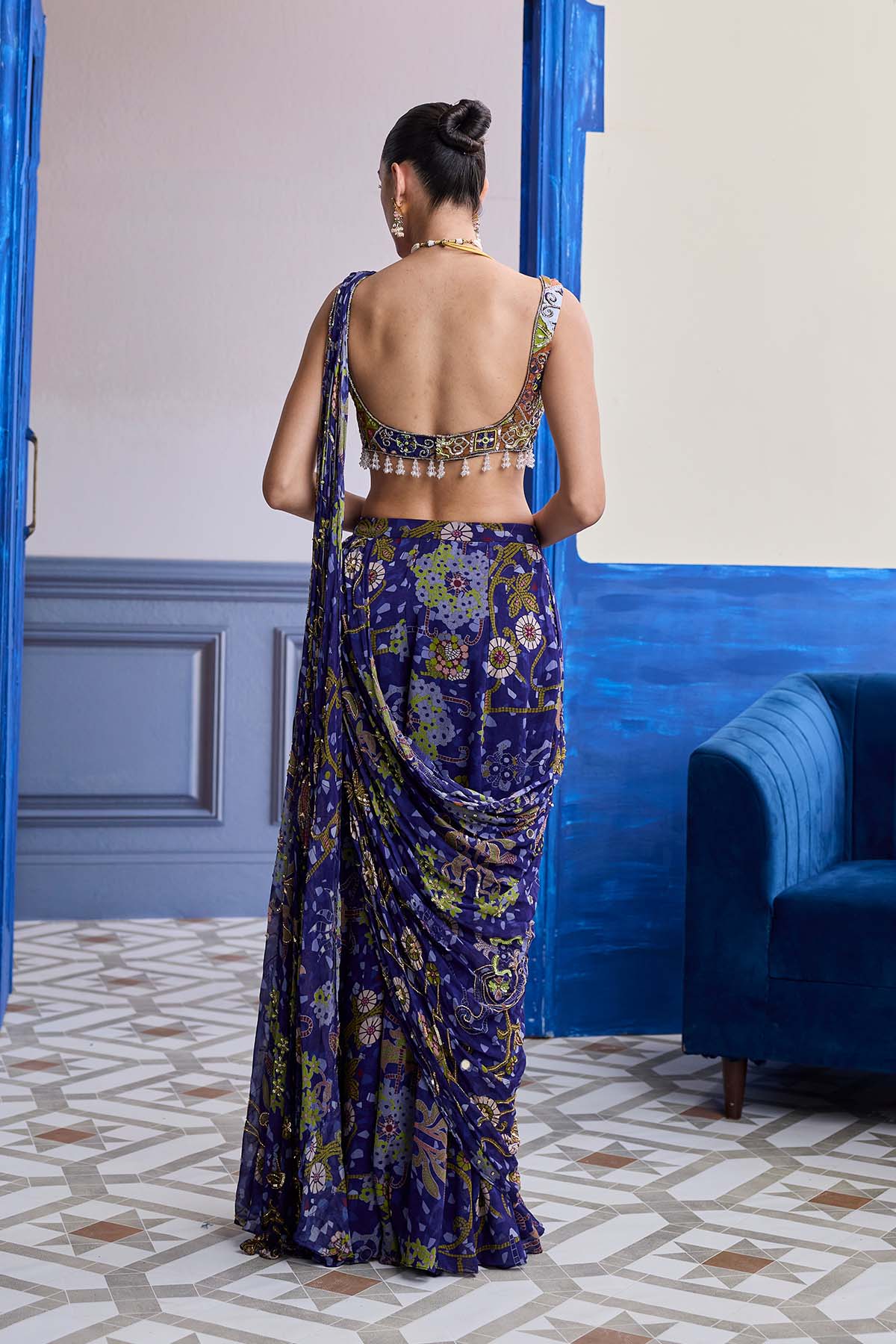 VIOLET MOSAIC BLOUSE WITH DRAPE SHARARA SAREE SET