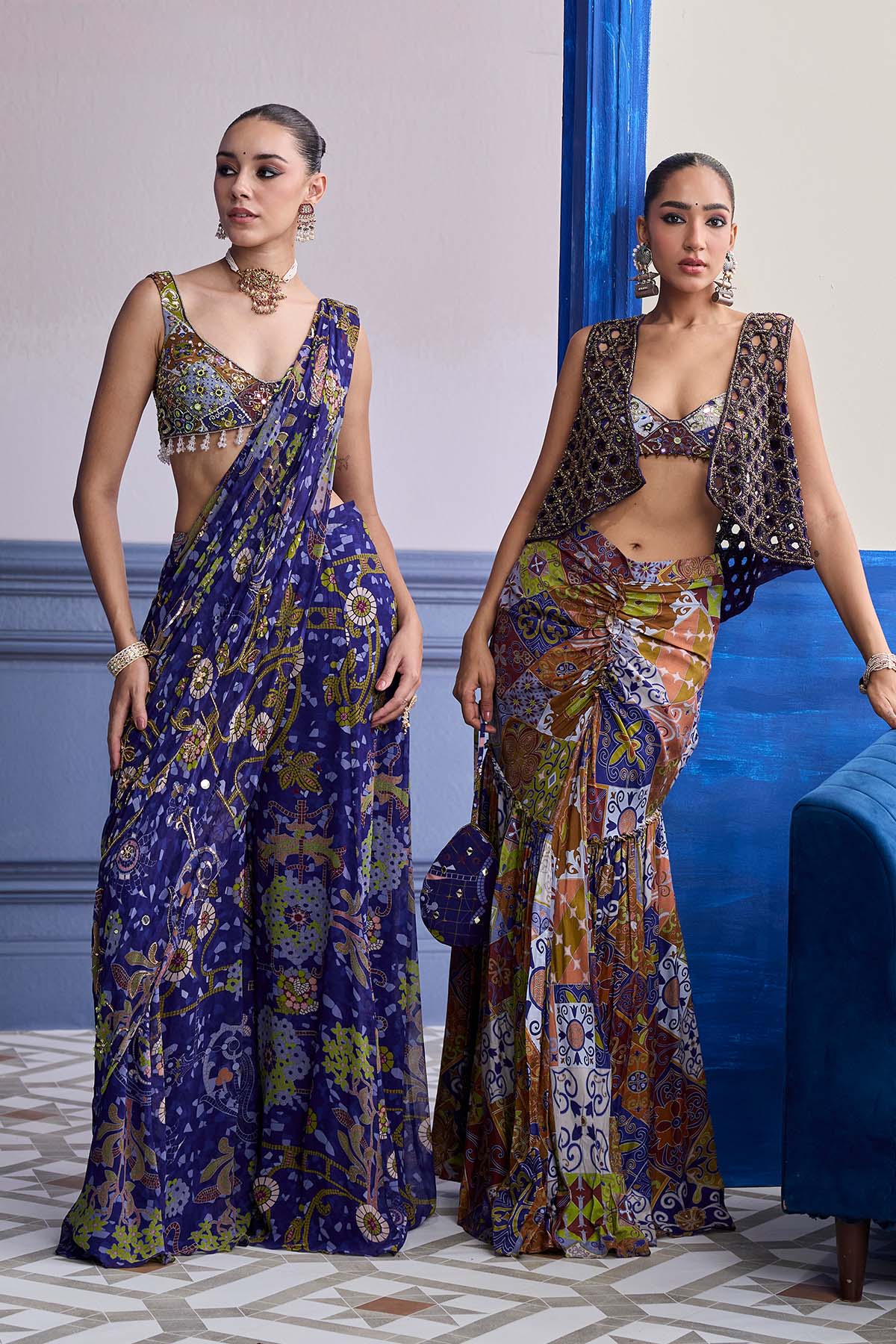 VIOLET MOSAIC BLOUSE WITH DRAPE SHARARA SAREE SET