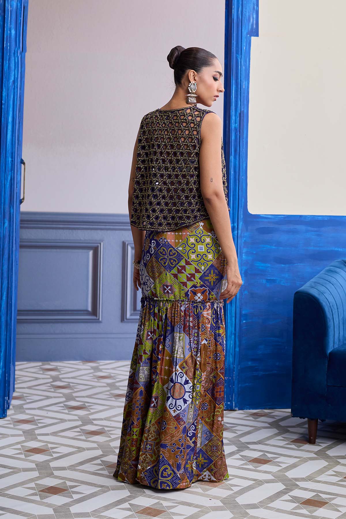 VIOLET MOSAIC BUSTIER WITH CUTWORK JACKET & GATHERED DHOTI SKIRT SET