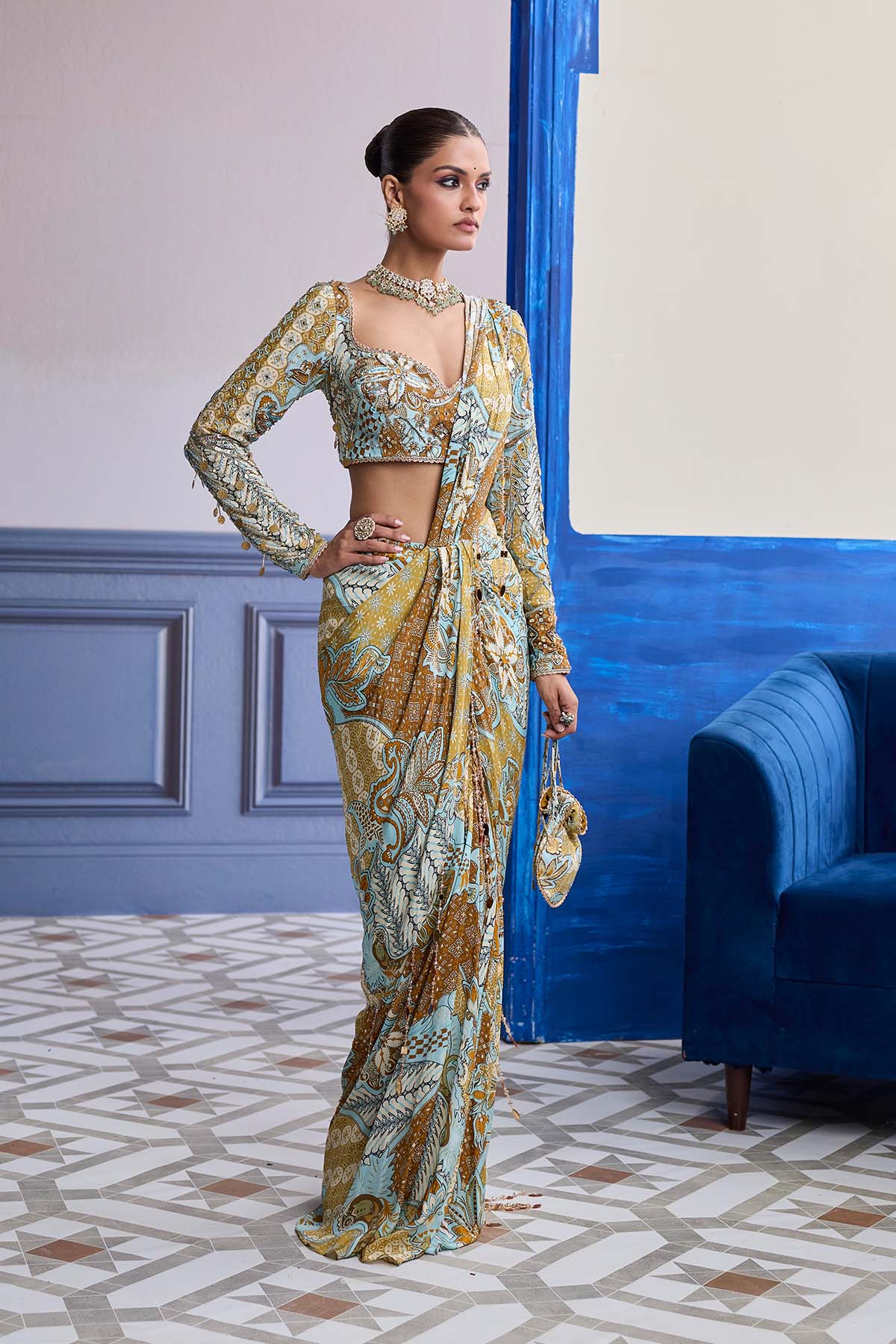 YELLOW FLORAL BLOUSE WITH COORDINATED PRINTED DHOTI SAREE SET
