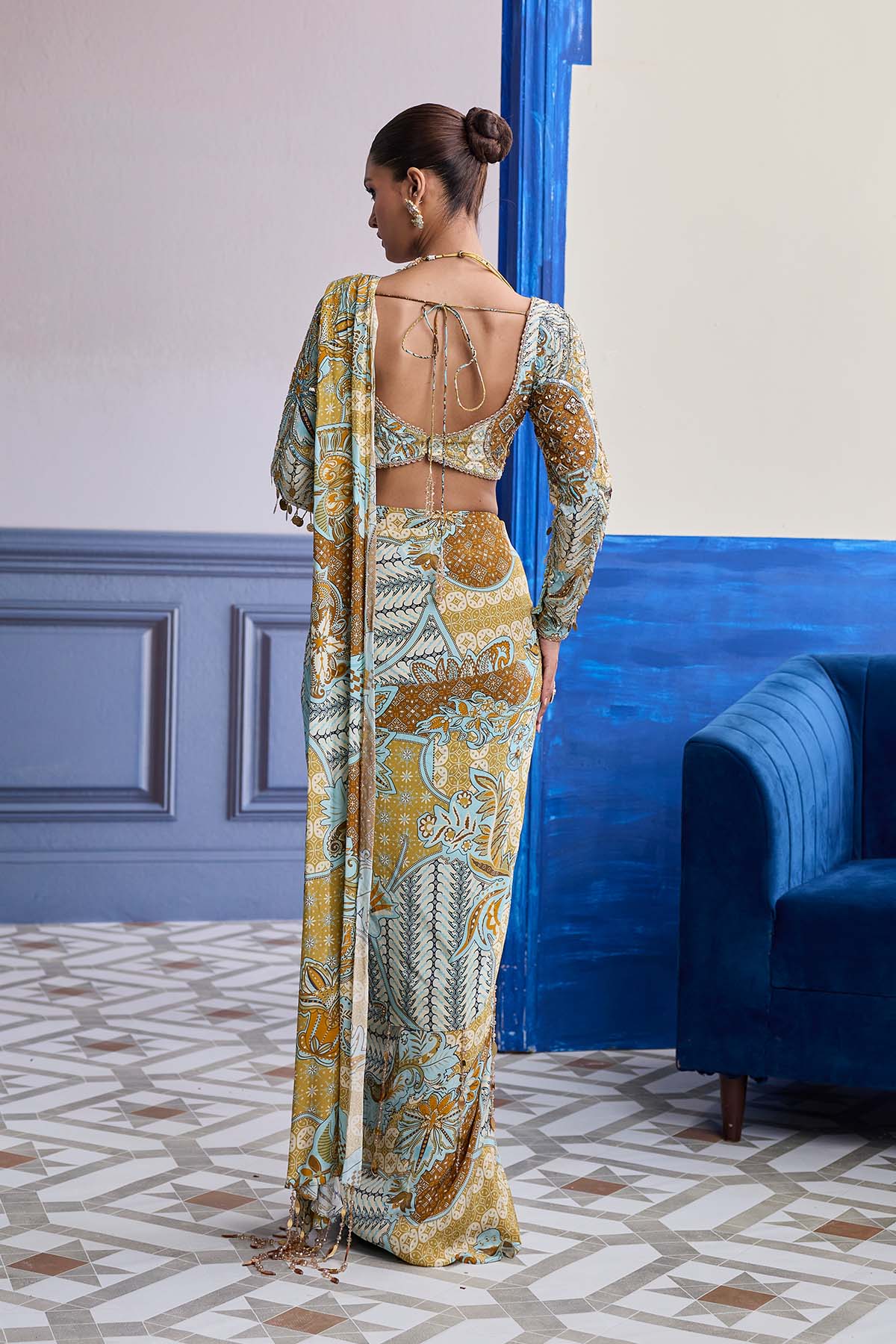 YELLOW FLORAL BLOUSE WITH COORDINATED PRINTED DHOTI SAREE SET