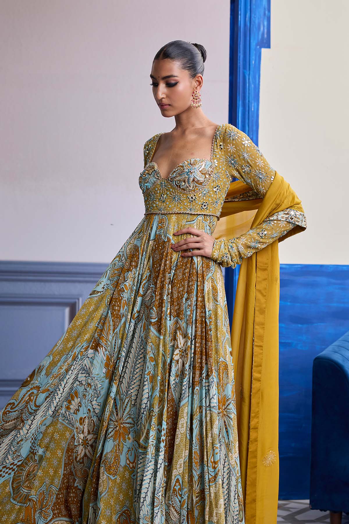 YELLOW FLORAL ANARKALI WITH EMBROIDERED SOLID DUPATTA SET