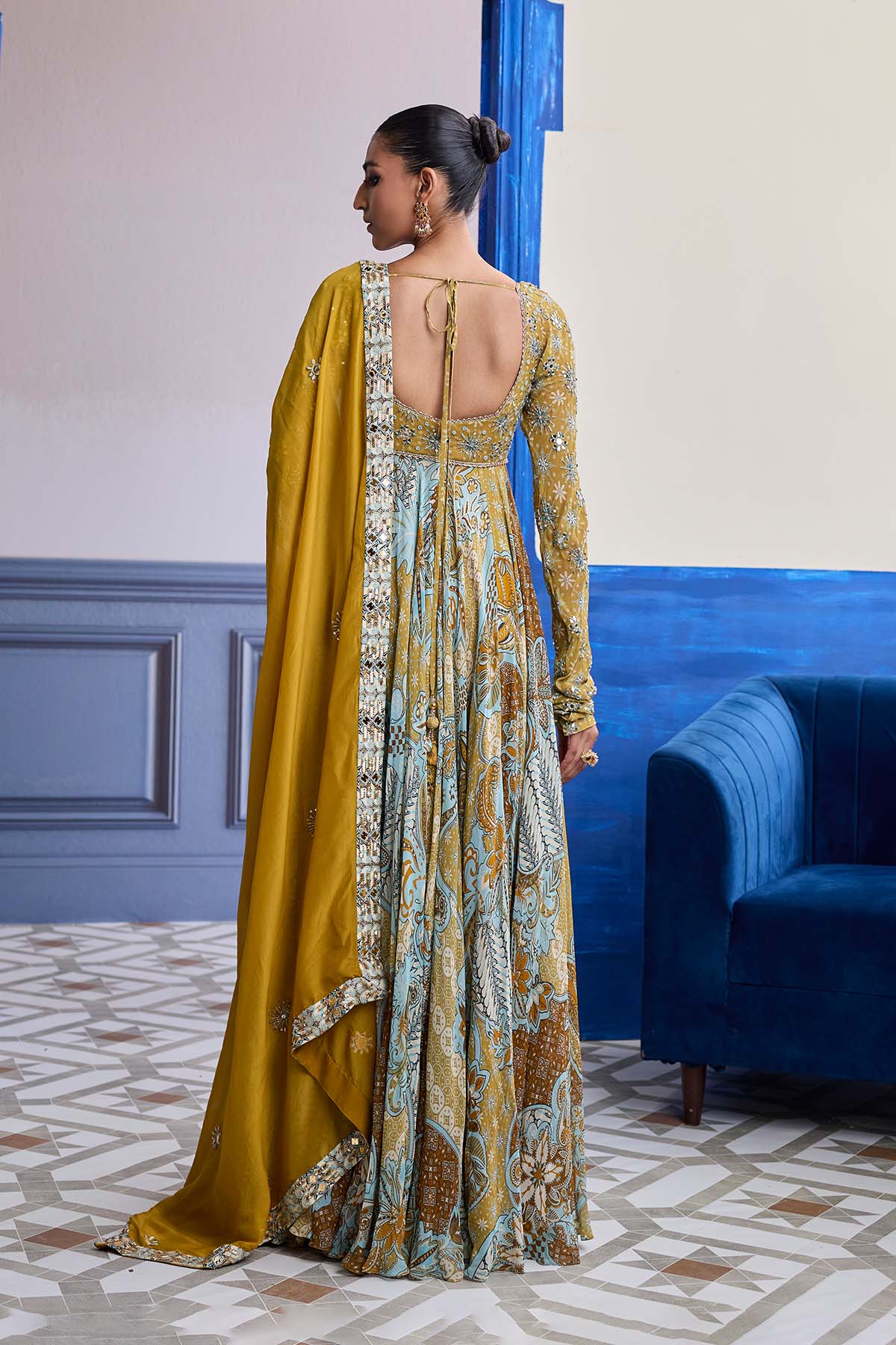YELLOW FLORAL ANARKALI WITH EMBROIDERED SOLID DUPATTA SET