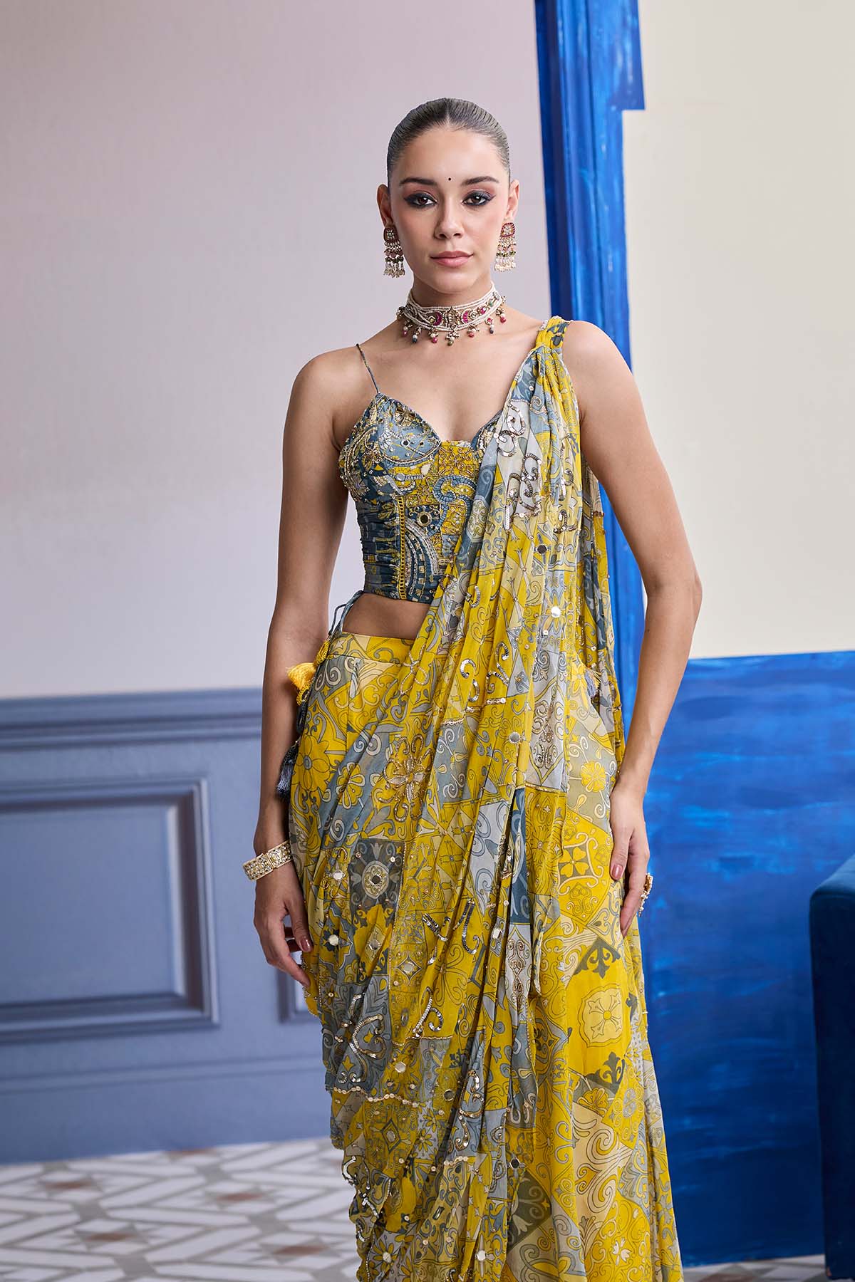 YELLOW GREY MOSAIC RUCHED CORSET WITH DRAPE SHARARA SAREE SET