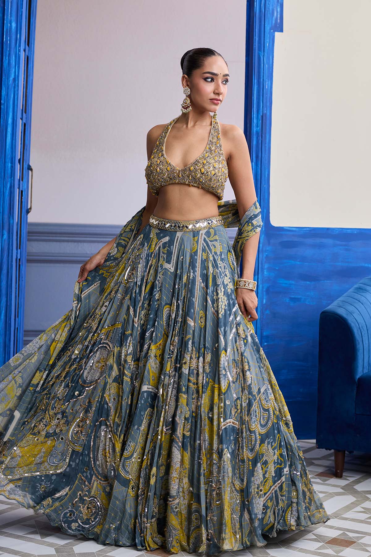 GREY & YELLOW EMBROIDERED BLOUSE WITH HIGHLIGHTED LEHENGA & TASSEL DUPATTA SET