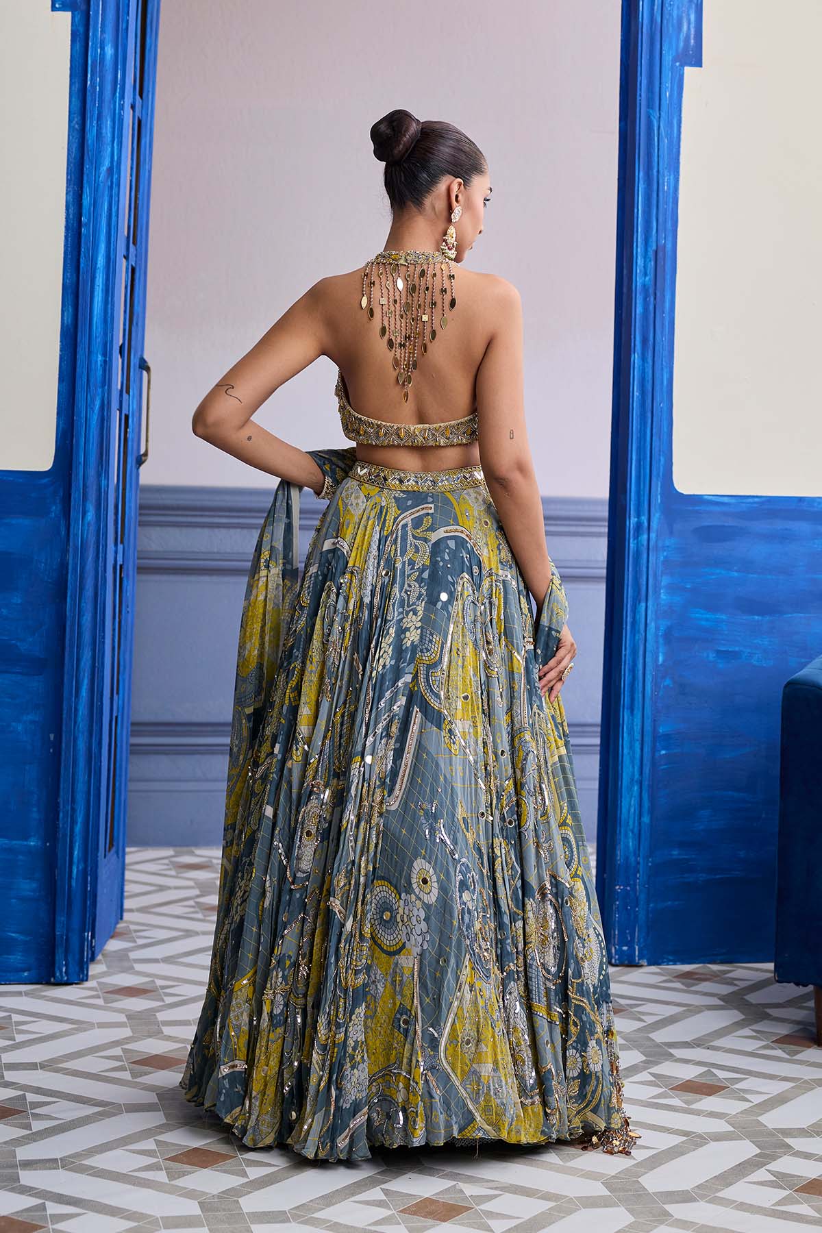 GREY & YELLOW EMBROIDERED BLOUSE WITH HIGHLIGHTED LEHENGA & TASSEL DUPATTA SET