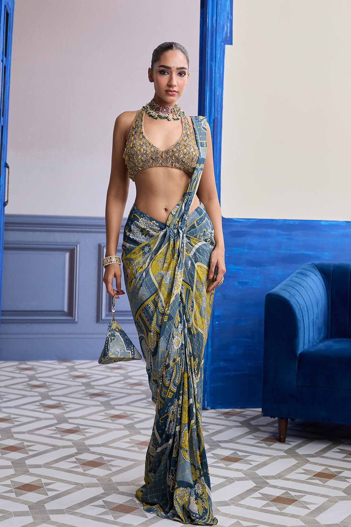 GREY & YELLOW GEOMETRIC HALTER BLOUSE WITH DHOTI SKIRT SAREE SET