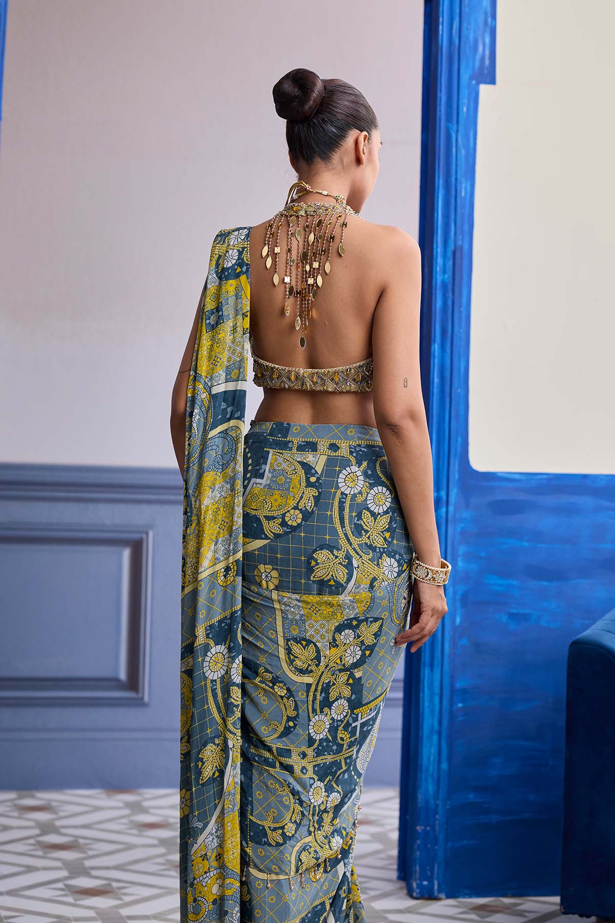 GREY & YELLOW GEOMETRIC HALTER BLOUSE WITH DHOTI SKIRT SAREE SET