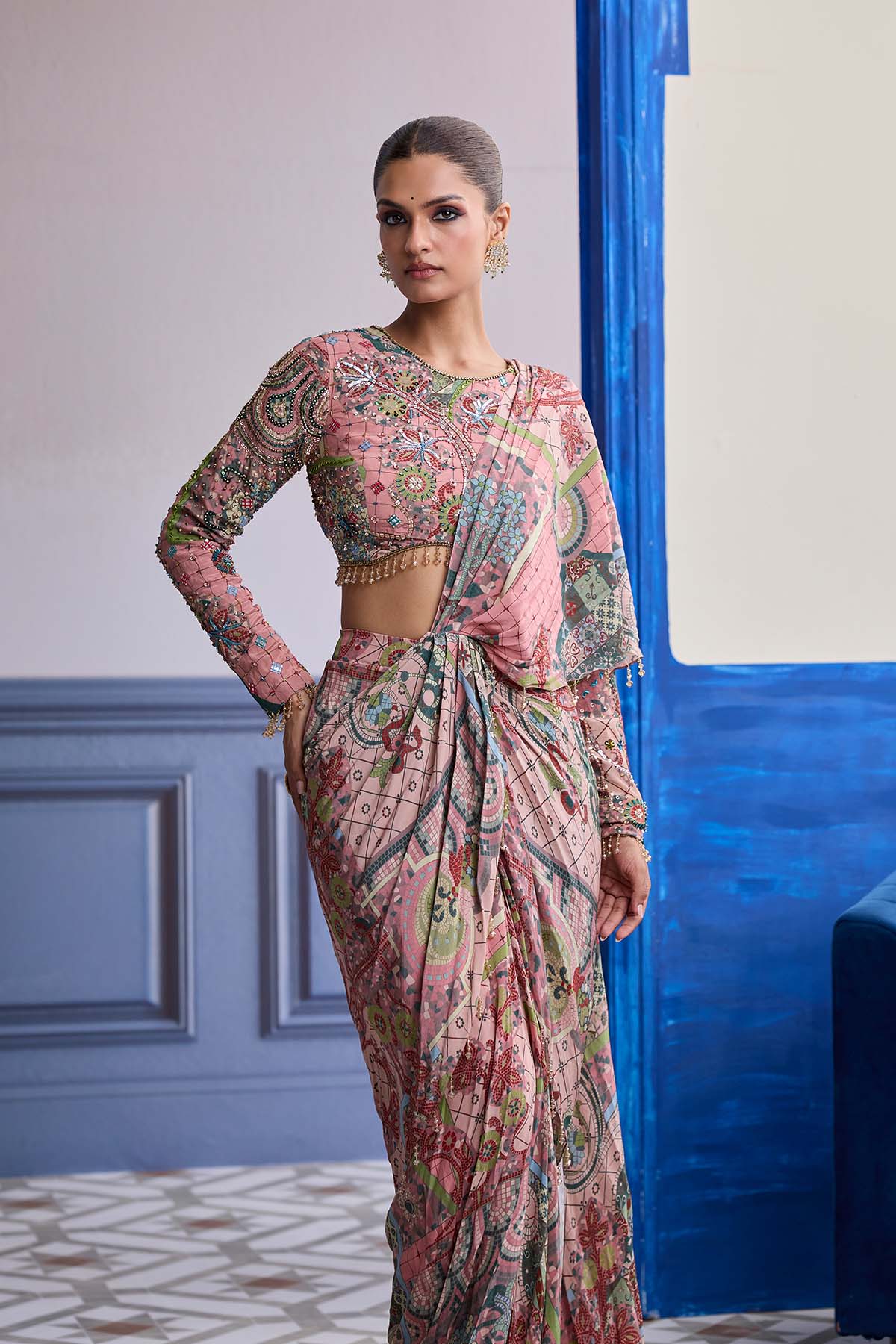 DUSK PINK HIGHLIGHTED BLOUSE WITH COORDINATED PRINTED DHOTI SAREE SET