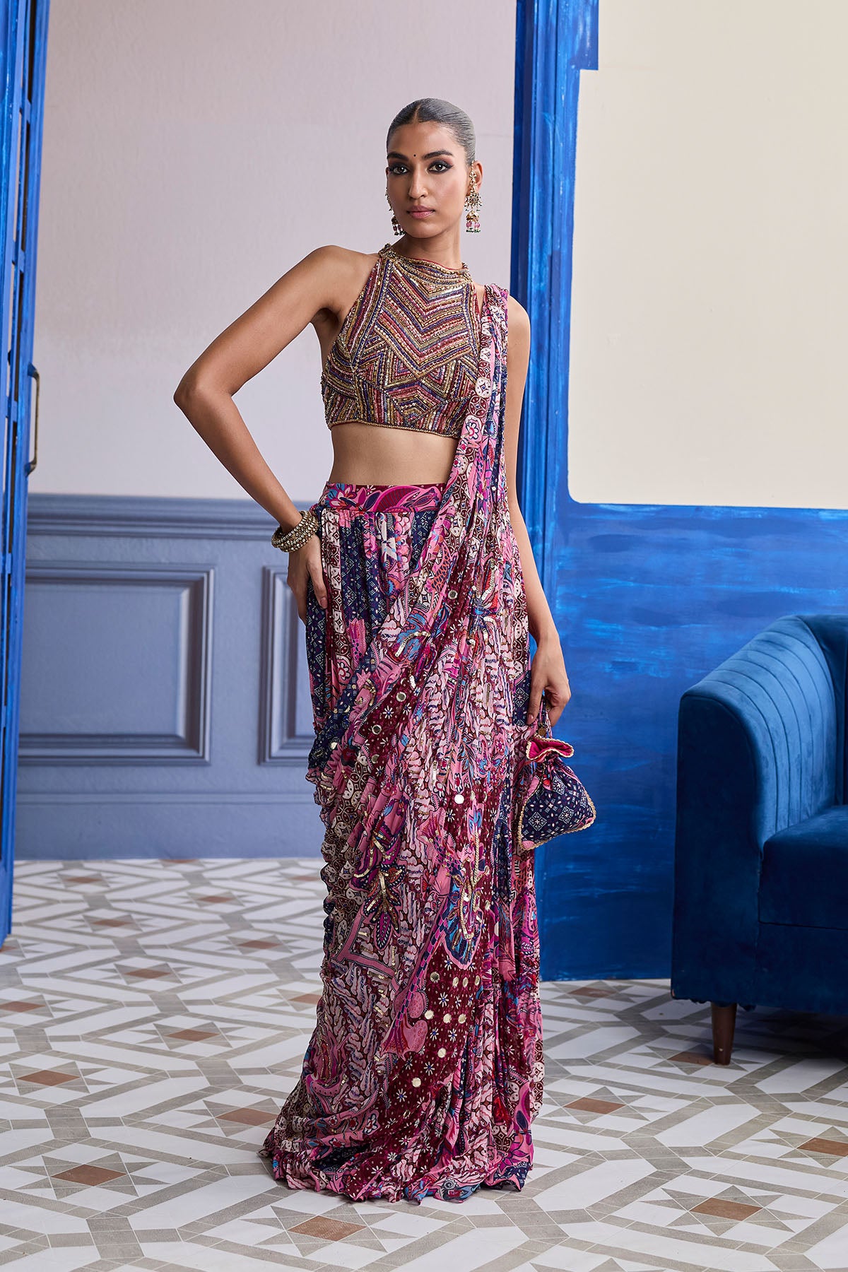 FUCHSIA EMBROIDERED BLOUSE WITH FLORAL DRAPE TIERED SAREE SET