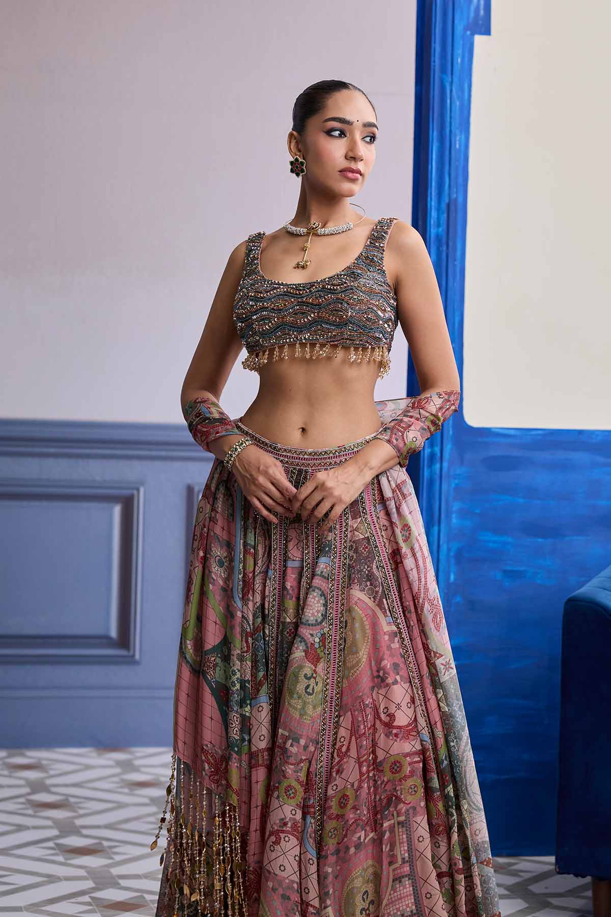 DUSK PINK EMBROIDERED BLOUSE WITH LACE LEHENGA & TASSEL DUPATTA SET