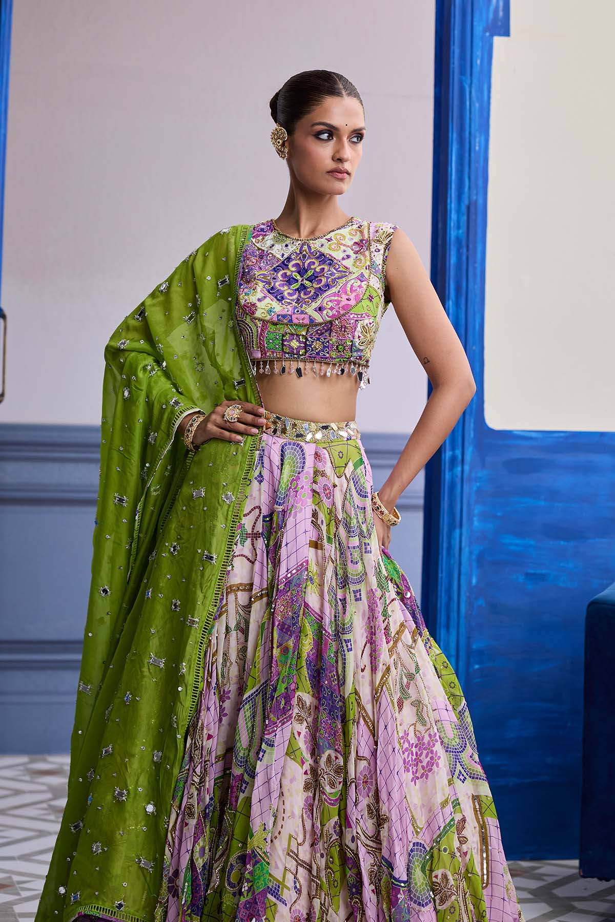 BUBBLEGUM MOSAIC YOKE BLOUSE WITH LEHENGA & EMBROIDERED DUPATTA SET