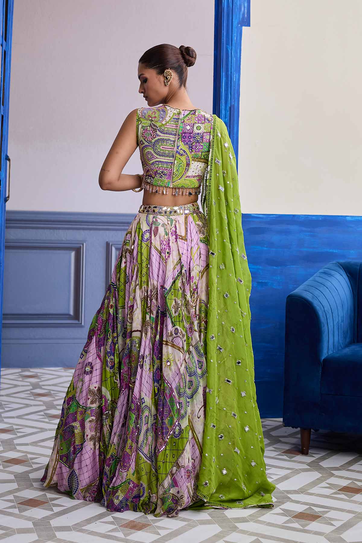 BUBBLEGUM MOSAIC YOKE BLOUSE WITH LEHENGA & EMBROIDERED DUPATTA SET
