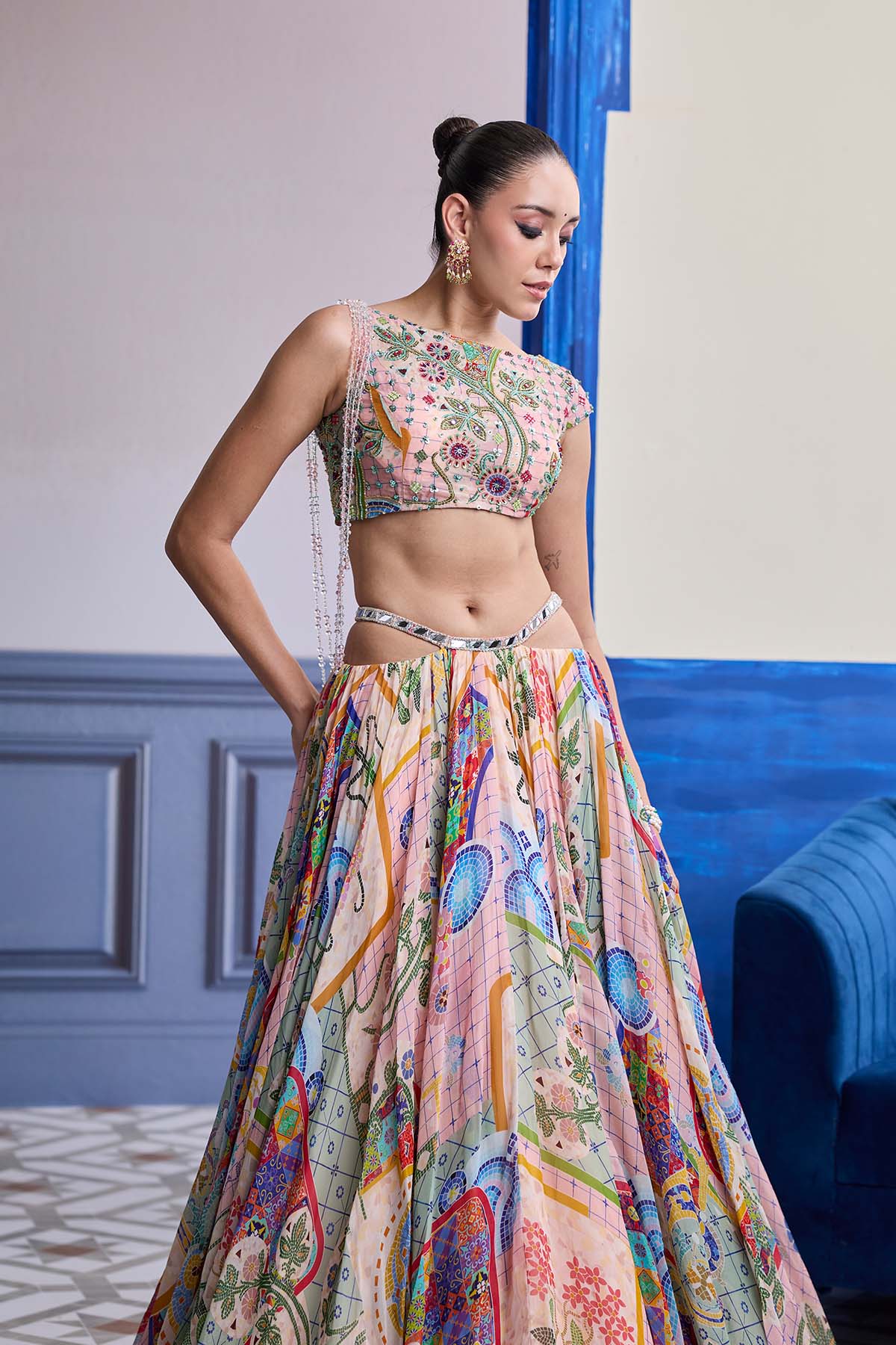 BLUSH PINK MOSAIC ASYMMETRIC BLOUSE WITH TASSELS & PRINTED SKIRT SET
