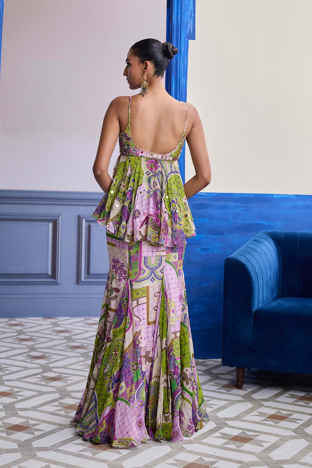 BUBBLEGUM MOSAIC PEPLUM WITH GODET MERMAID SKIRT & RUFFLE SCARF SET