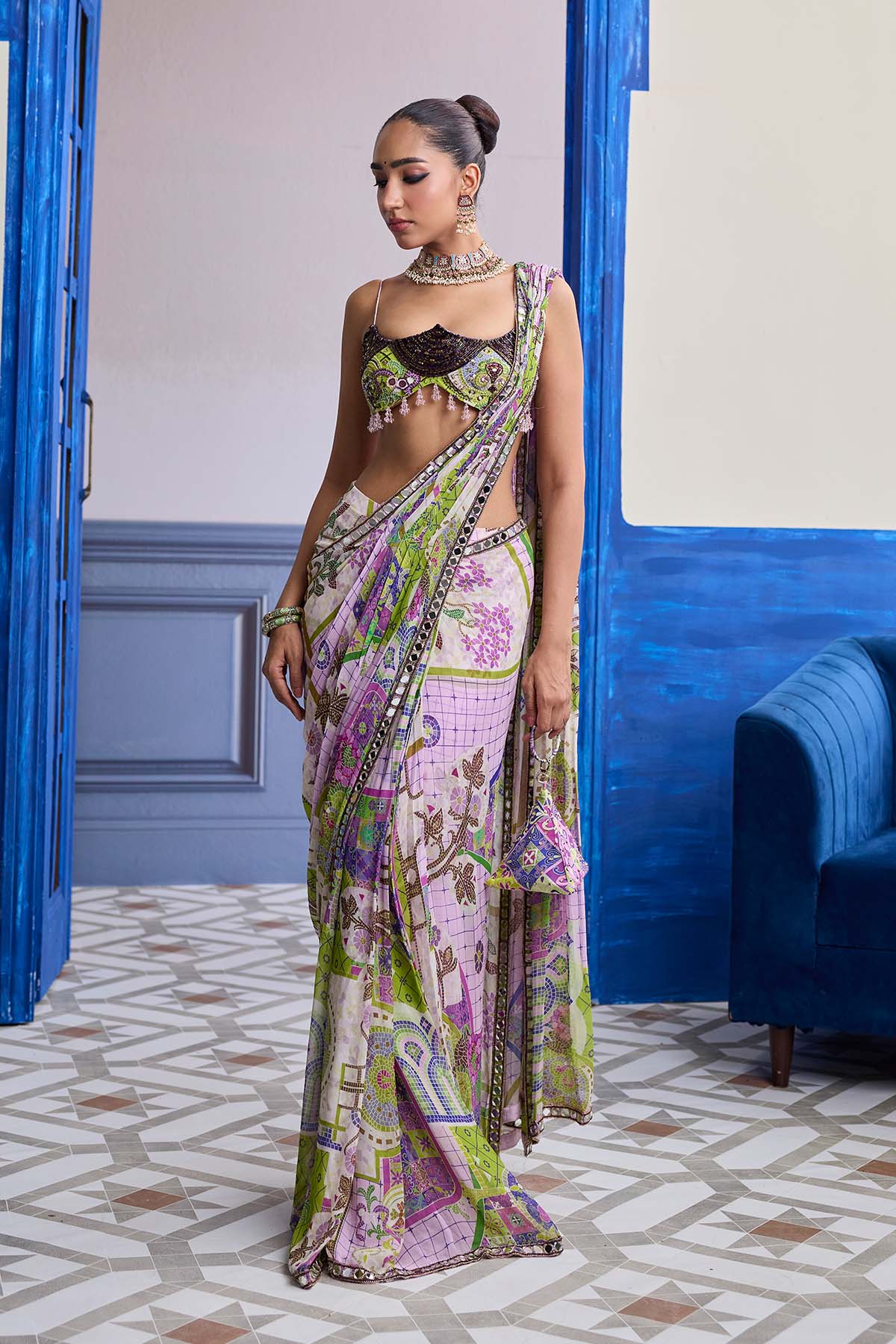 BUBBLEGUM MOSAIC SCALLOP BLOUSE WITH EMBROIDERY & DRAPED SAREE SKIRT SET