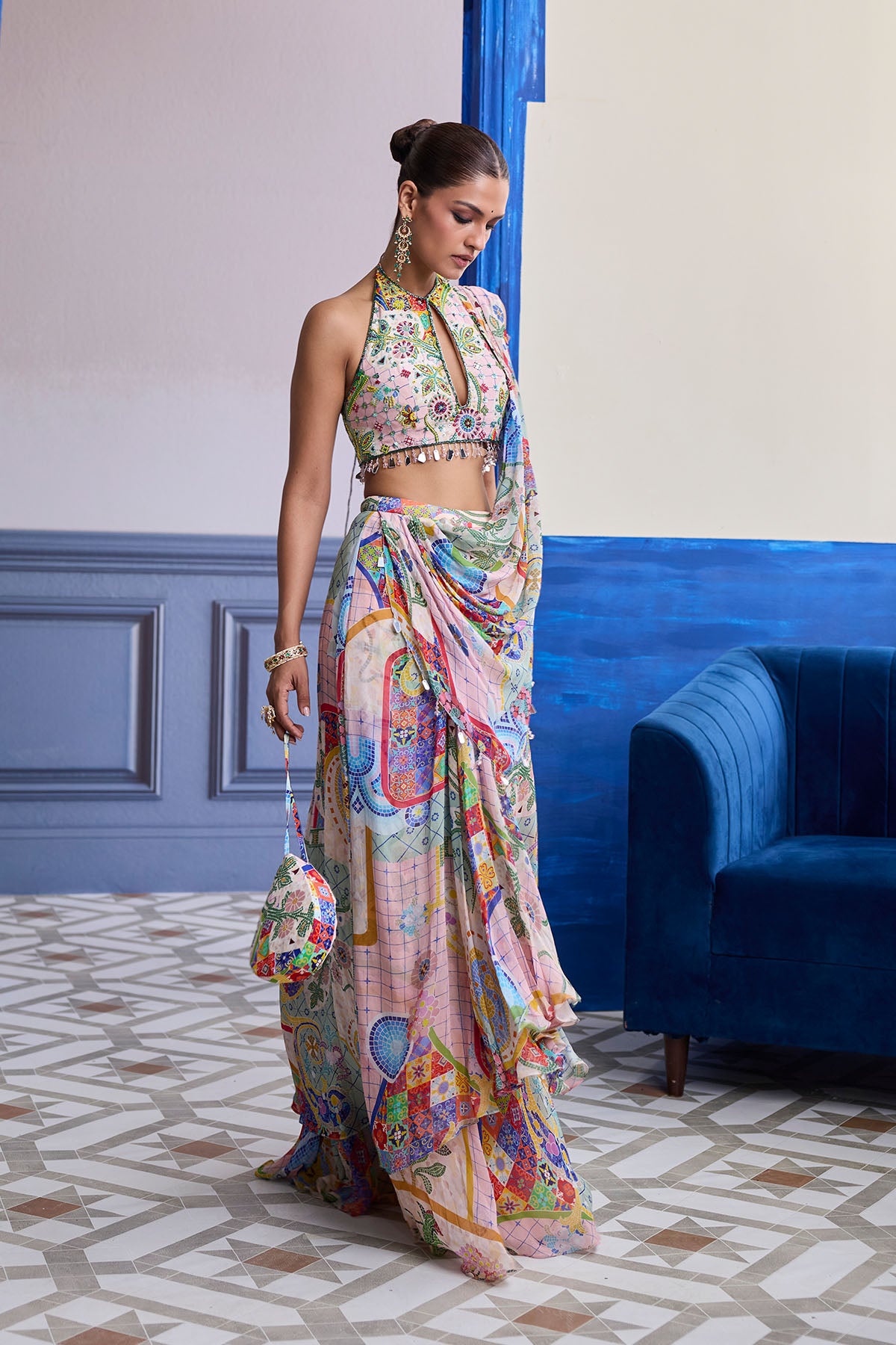 BLUSH PINK MOSAIC HALTER BLOUSE WITH DRAPED COWL SKIRT SAREE SET