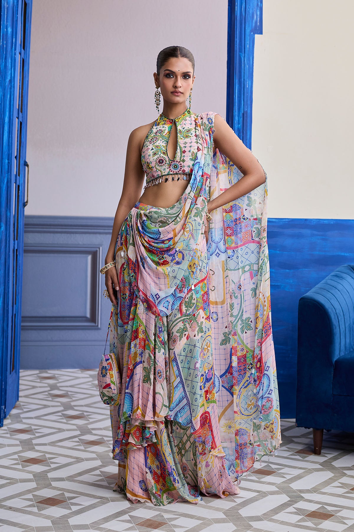 BLUSH PINK MOSAIC HALTER BLOUSE WITH DRAPED COWL SKIRT SAREE SET