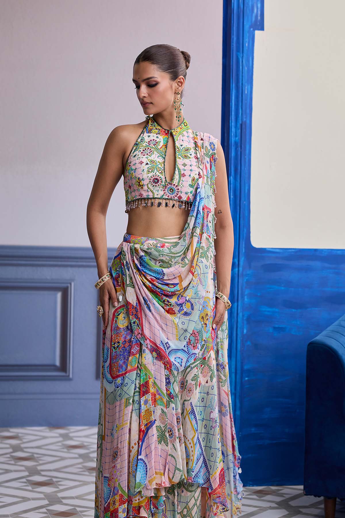 BLUSH PINK MOSAIC HALTER BLOUSE WITH DRAPED COWL SKIRT SAREE SET