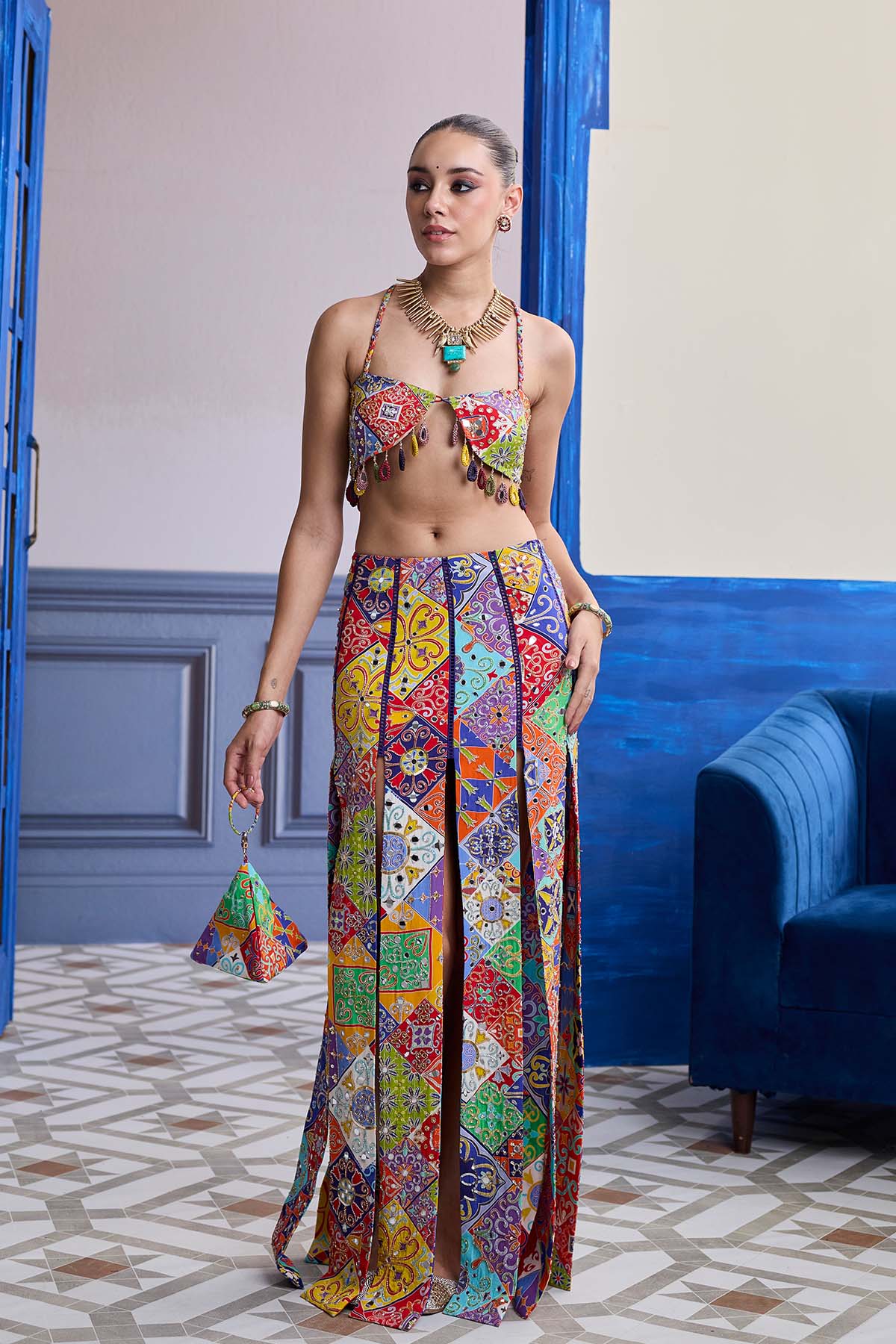 MULTICOLOUR MOSAIC CROP BLOUSE WITH MIRROR TASSELS & PANELLED SKIRT SET