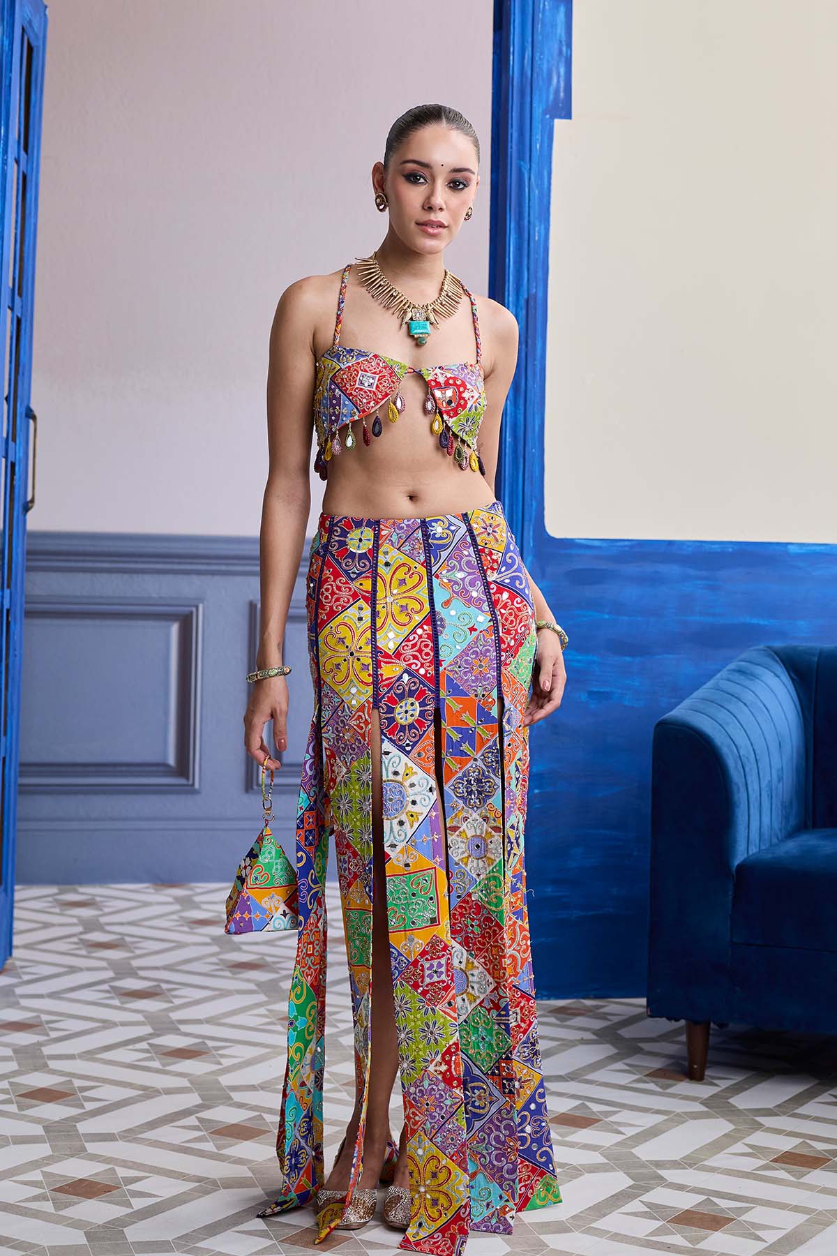 MULTICOLOUR MOSAIC CROP BLOUSE WITH MIRROR TASSELS & PANELLED SKIRT SET