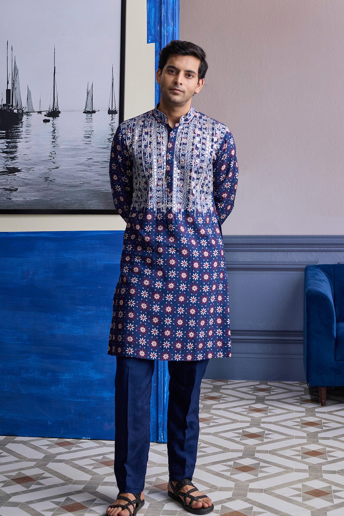 DARK BLUE PRINT HILIGHTED KURTA WITH SOLID PANTS