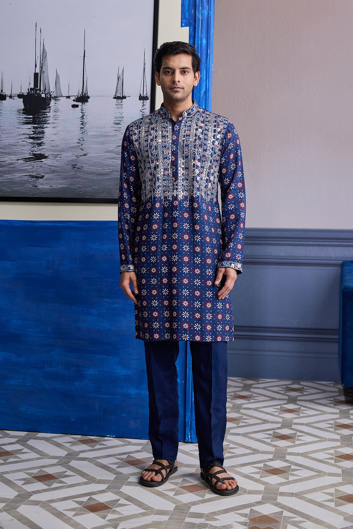 DARK BLUE PRINT HILIGHTED KURTA WITH SOLID PANTS