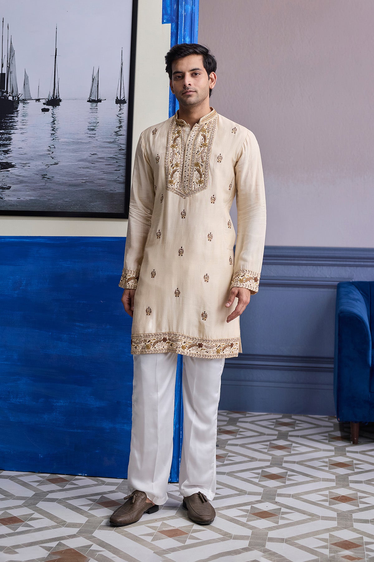 IVORY THREAD EMBROIDERED YOKE KURTA WITH PANTS