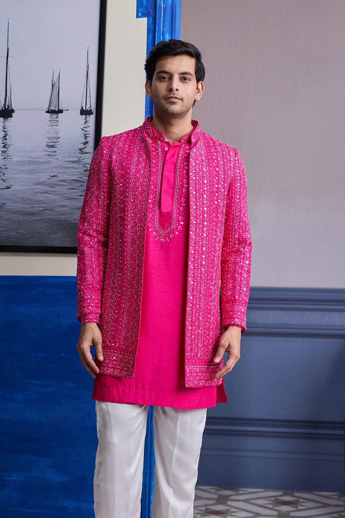 FUSCHIA PINK MIRROR EMBROIDERED & THREAD WORK BANDHGLA JACKET WITH KURTA & PANTS