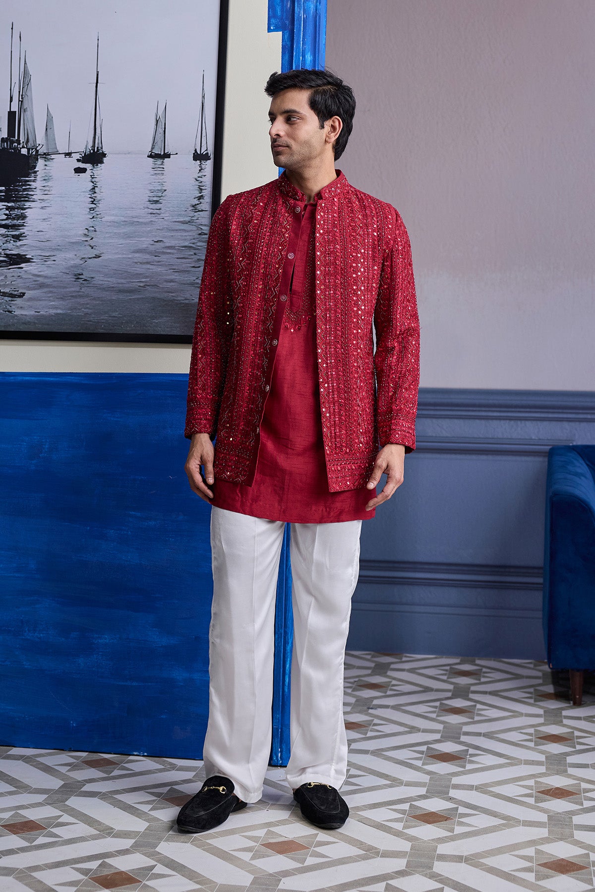 MAROON MIRROR EMBROIDERED & THREAD WORK BANDHGLA JACKET WITH KURTA & PANTS