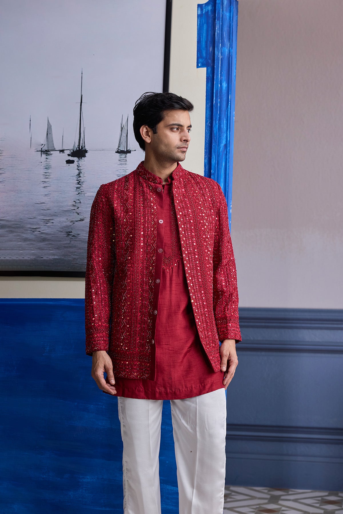 MAROON MIRROR EMBROIDERED & THREAD WORK BANDHGLA JACKET WITH KURTA & PANTS