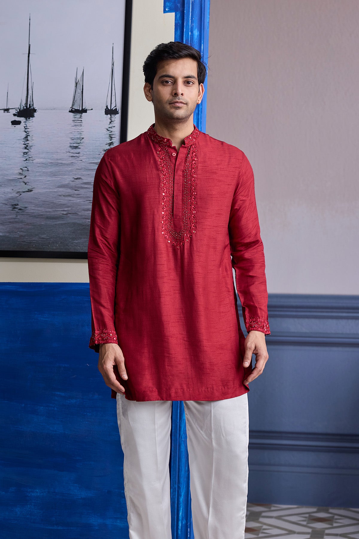 MAROON MIRROR EMBROIDERED & THREAD WORK BANDHGLA JACKET WITH KURTA & PANTS
