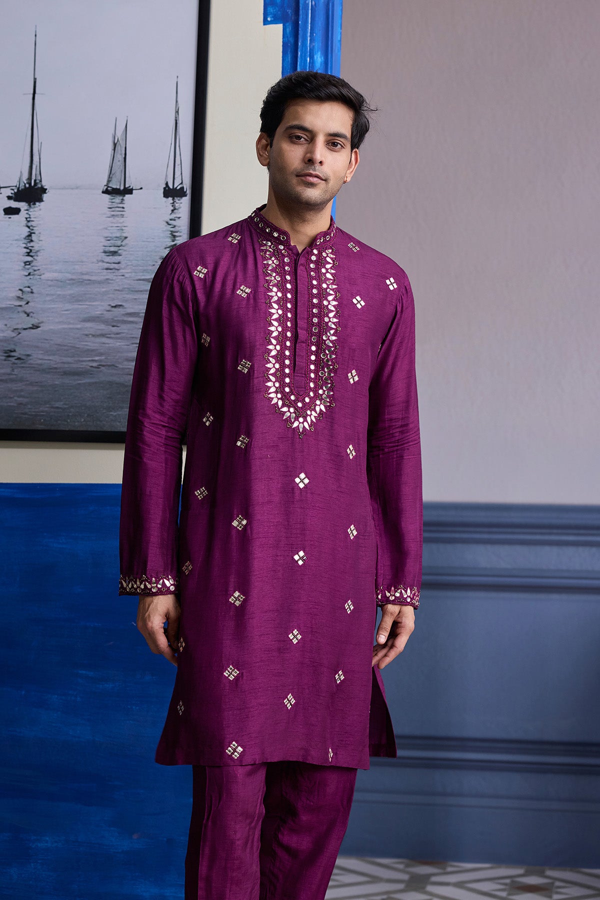 PLUM EMBROIDERED KURTA WITH SOLID PANTS