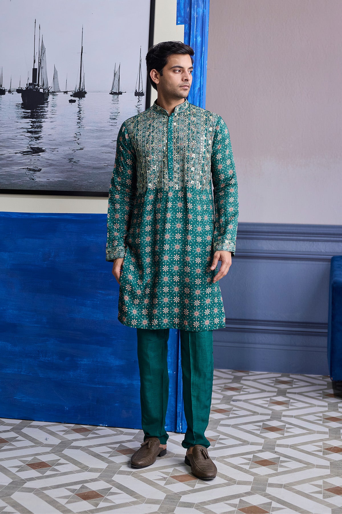 TEAL GREEN BUTTA HIGHLIGHTED KURTA WITH SOLID PANTS