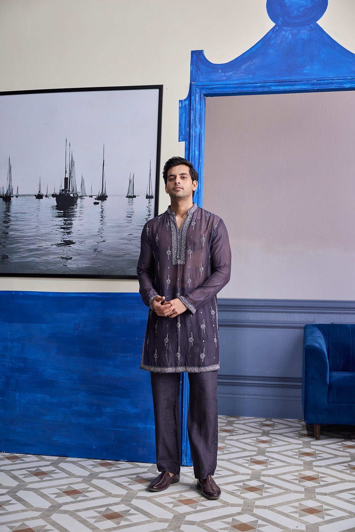 CHARCOL GREY SHEER EMBROIDERED KURTA WITH PANTS