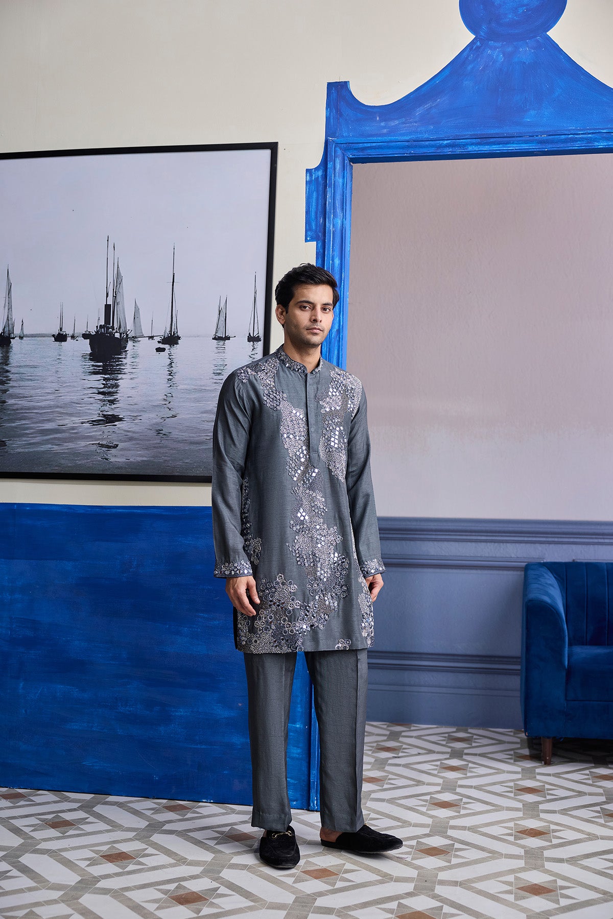 STEEL GREY EMBROIDERED KURTA WITH PANTS