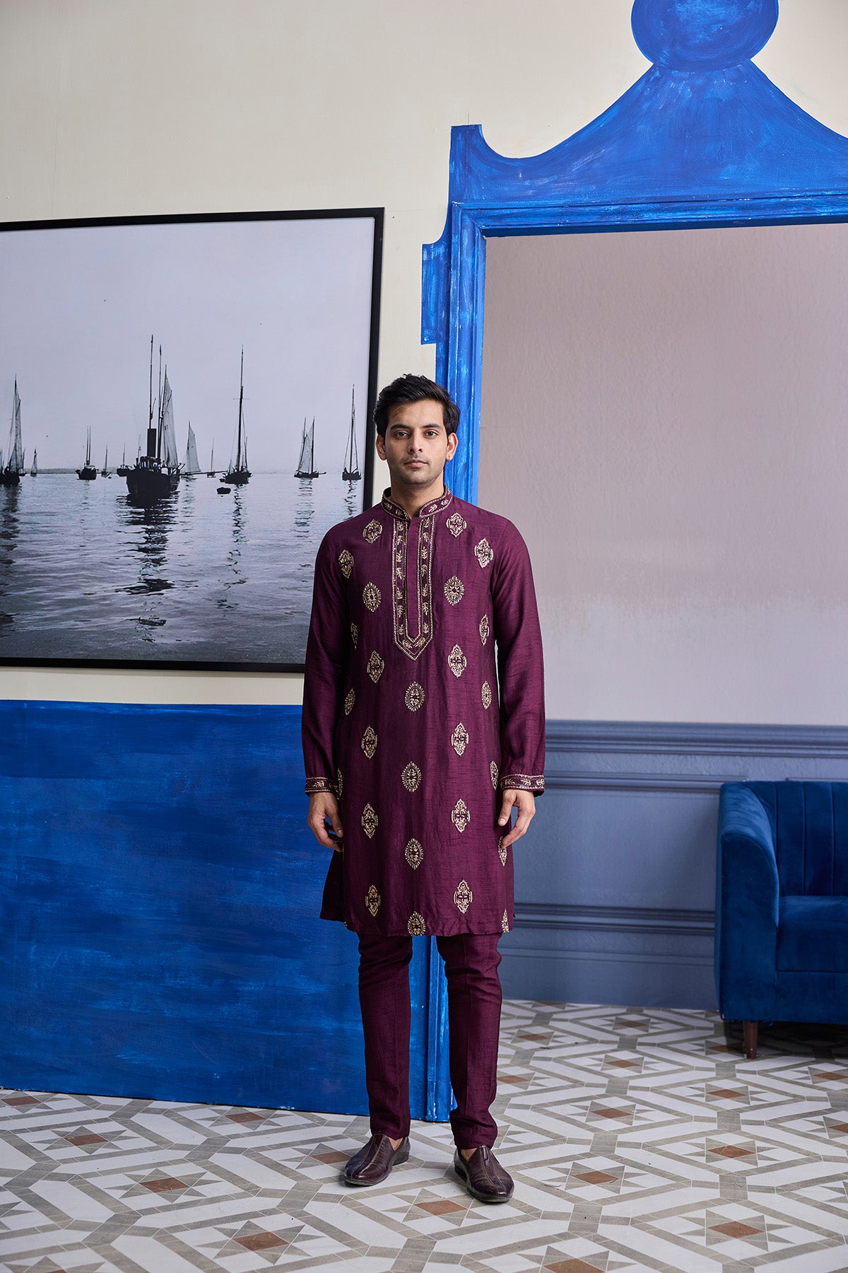 PLUM EMBROIDERED PLACKET KURTA WITH PANTS