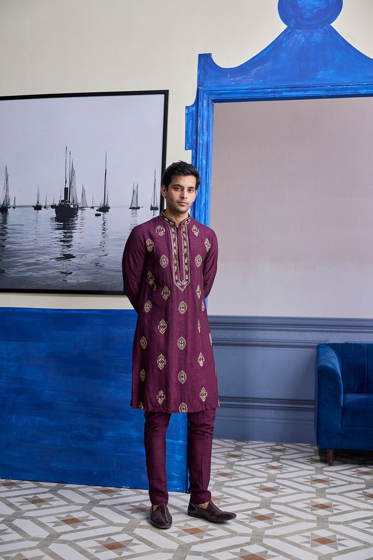 PLUM EMBROIDERED PLACKET KURTA WITH PANTS