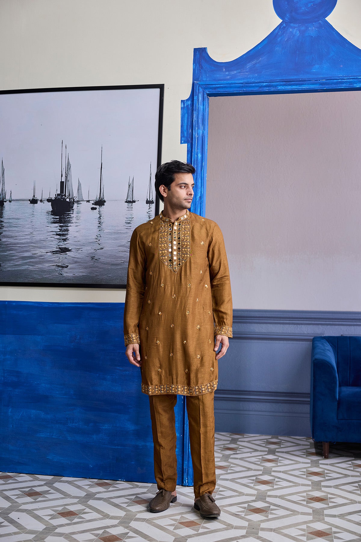 MUSTARD EMBROIDERED YOKE KURTA WITH PANTS