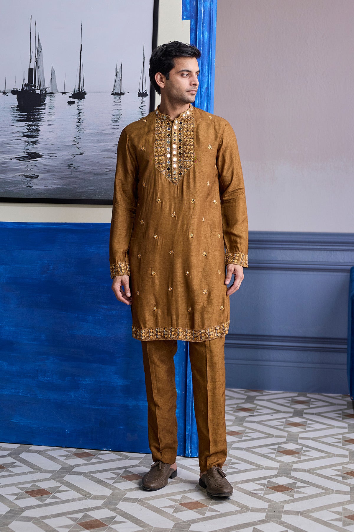 MUSTARD EMBROIDERED YOKE KURTA WITH PANTS