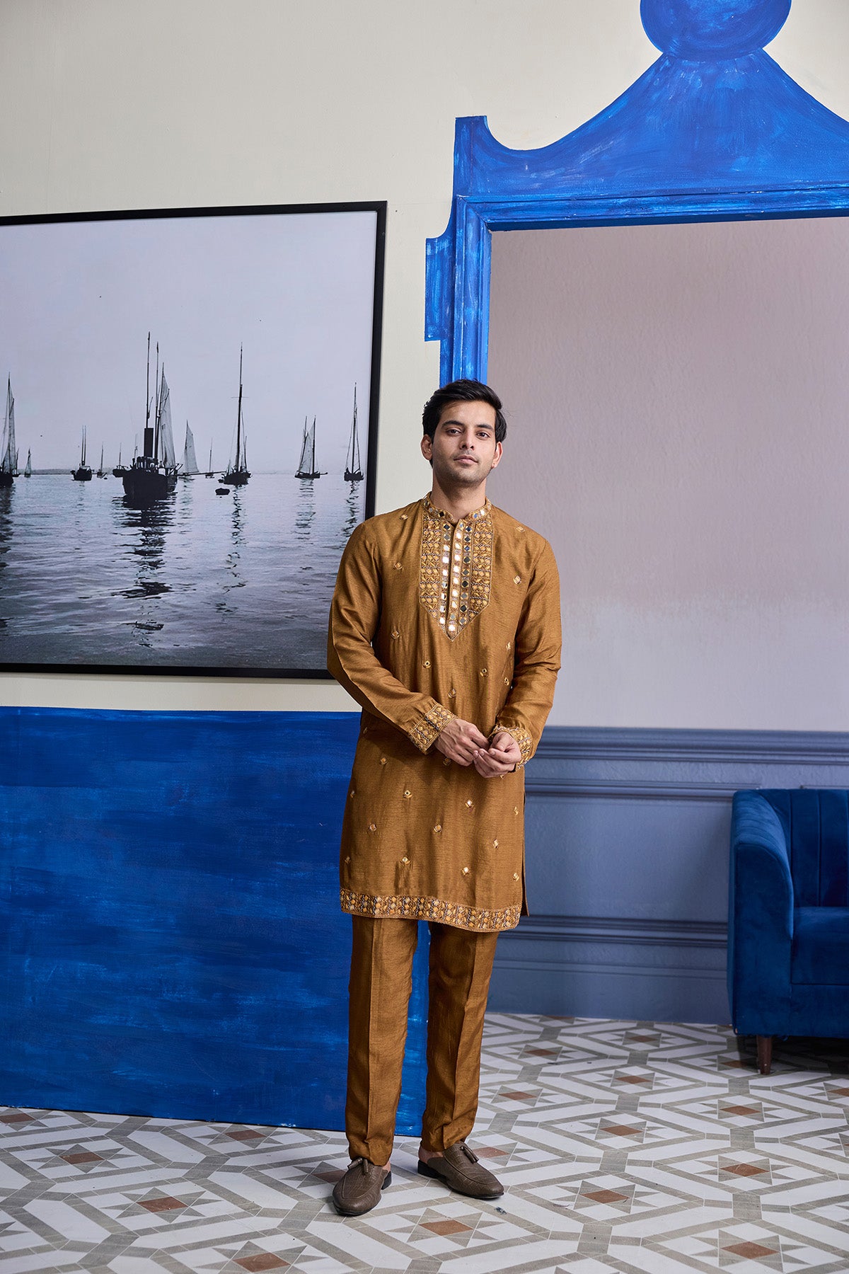 MUSTARD EMBROIDERED YOKE KURTA WITH PANTS