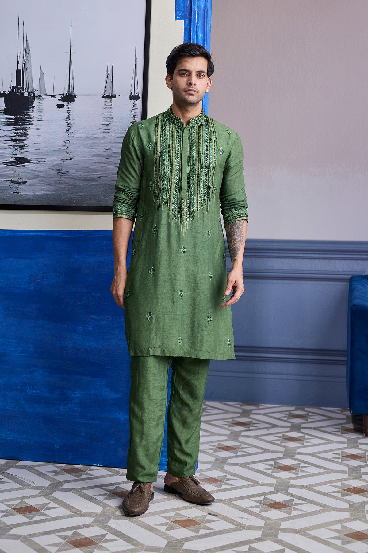 SAGE GREEN EMBOIDERED KURTA WITH PANTS