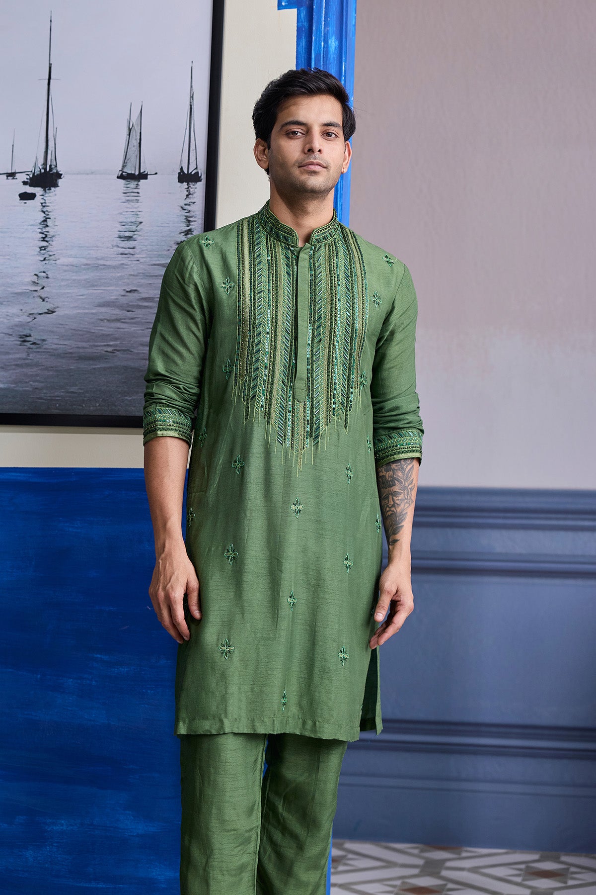SAGE GREEN EMBOIDERED KURTA WITH PANTS