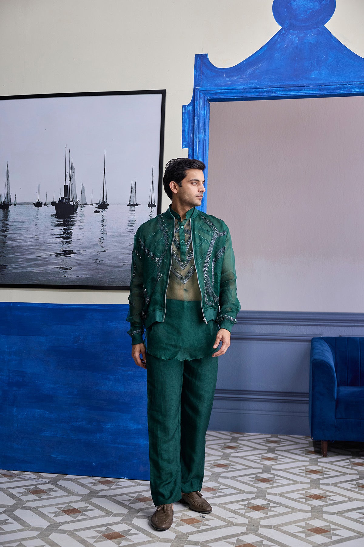 DRAK GREEN ORGANZA KURTA WITH EMBROIDERED ORGANZA BOMBER JACKET PAIRED WITH SOLID PANTS