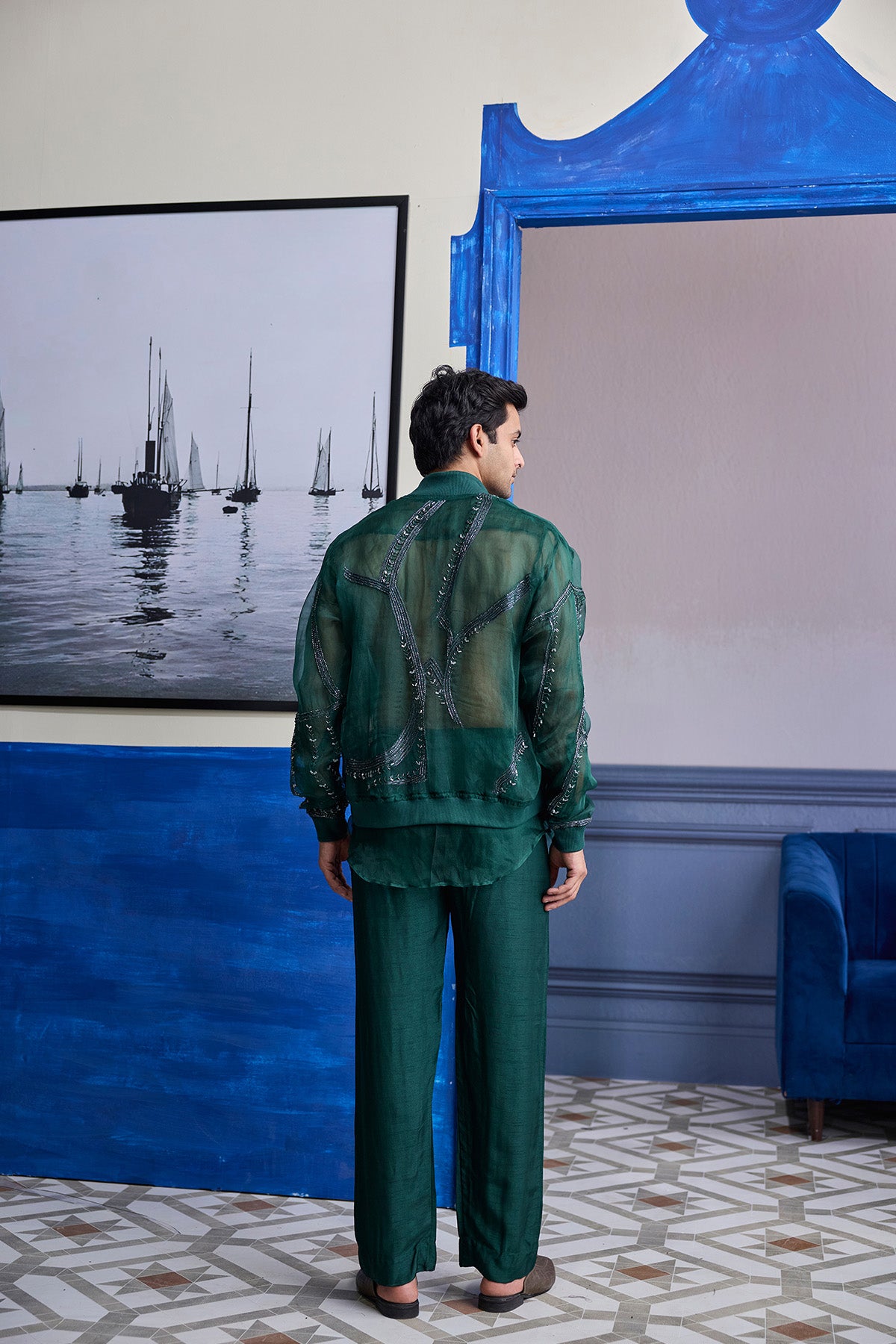 DRAK GREEN ORGANZA KURTA WITH EMBROIDERED ORGANZA BOMBER JACKET PAIRED WITH SOLID PANTS