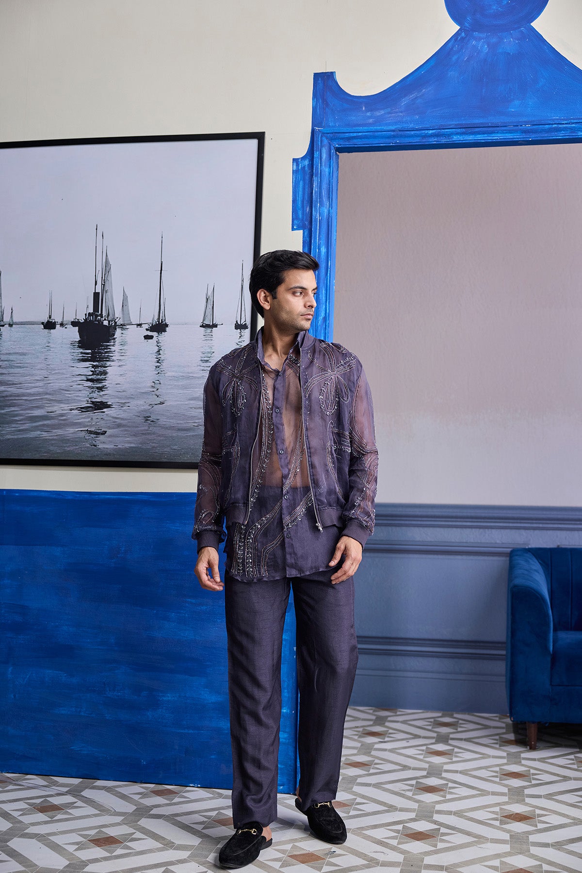 CHARCOL GREY ORGANZA SHIRT WITH EMBROIDERED ORGANZA BOMBER JACKET PAIRED WITH SOLID PANTS