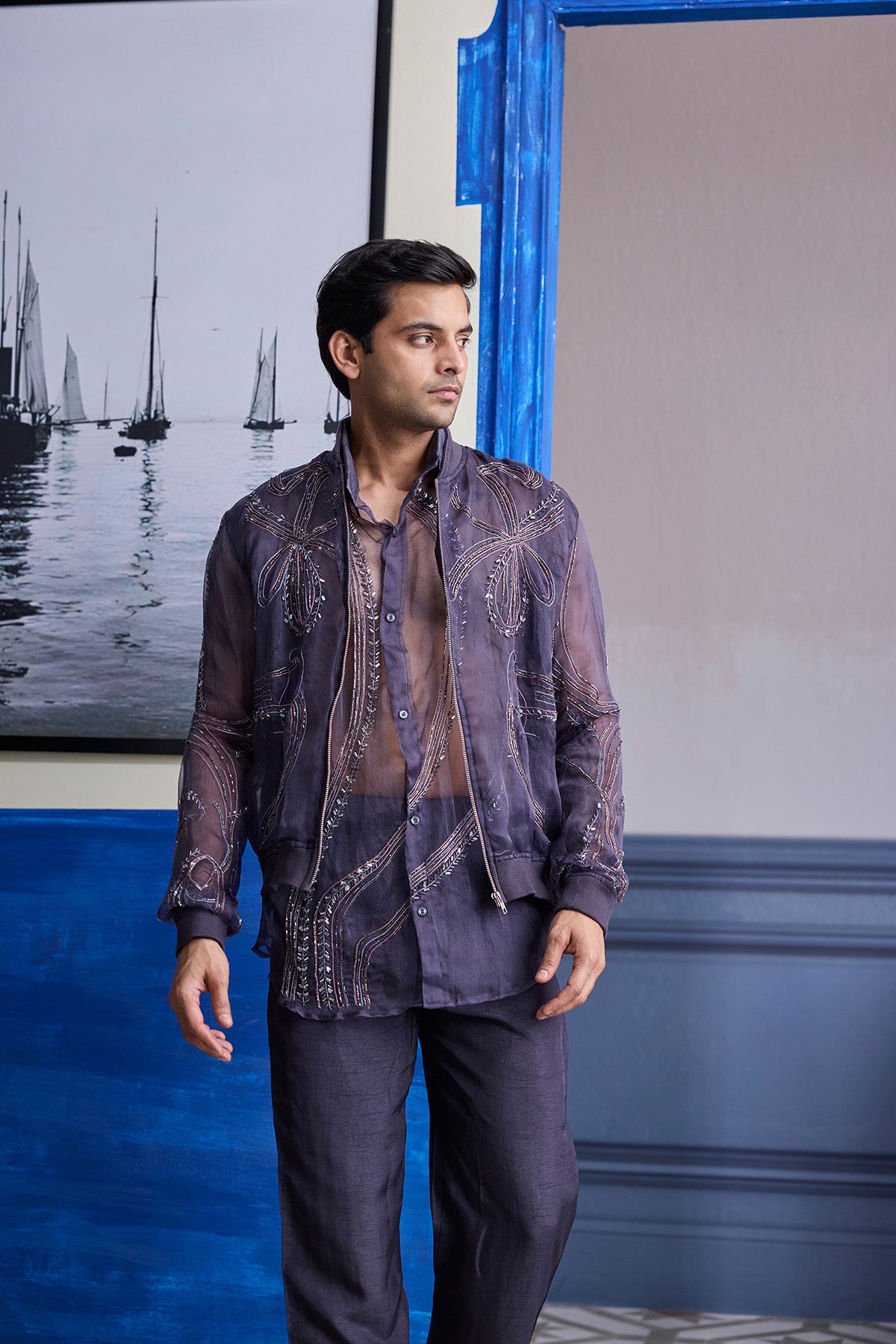 CHARCOL GREY ORGANZA SHIRT WITH EMBROIDERED ORGANZA BOMBER JACKET PAIRED WITH SOLID PANTS