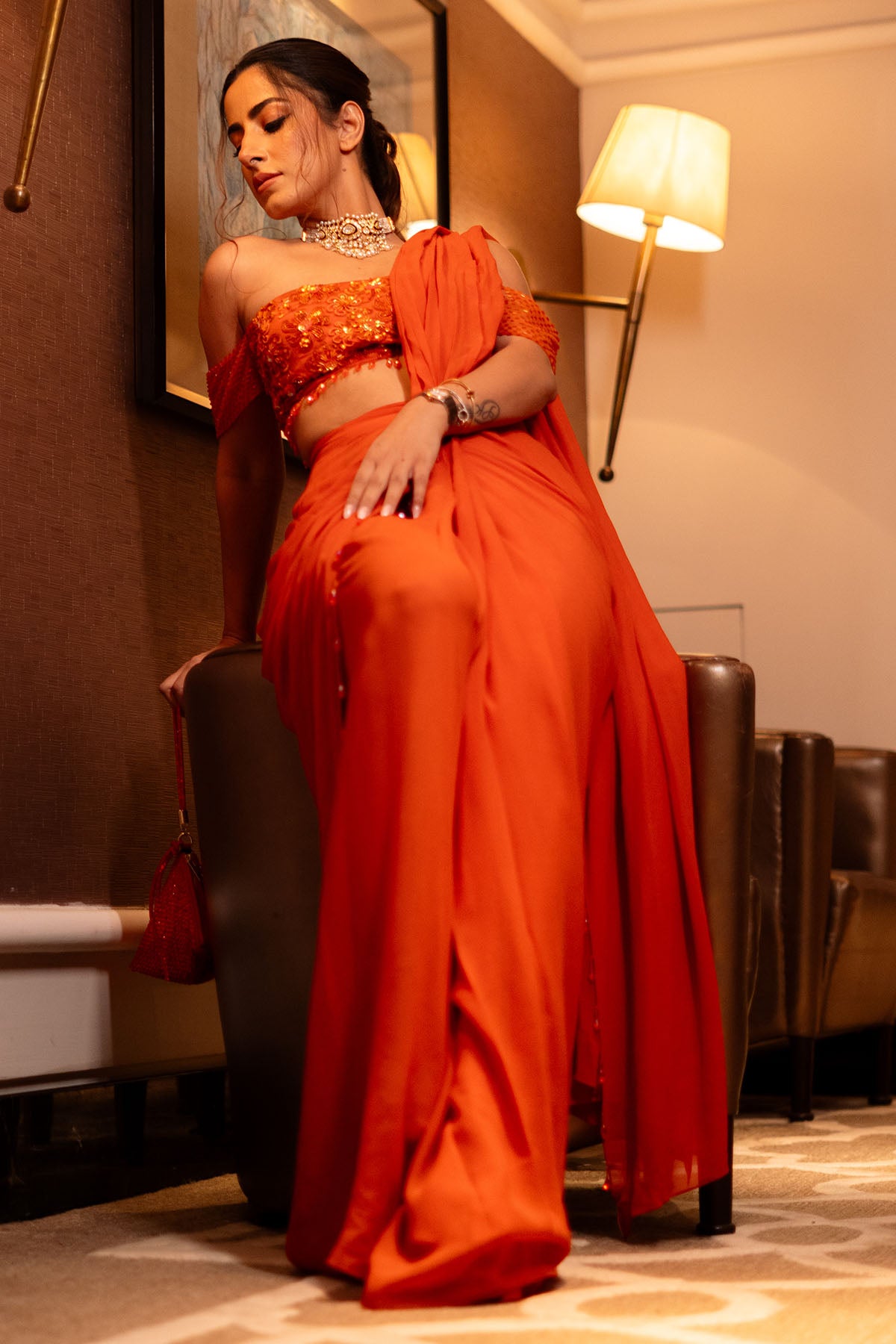 KULVEER MALHOTRA IN RUST ORANGE OFF SHOULDER BLOUSE SKIRT SAREE